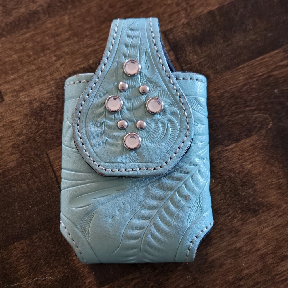 Embellished Blue Leather Pager/Phone Belt Clip
